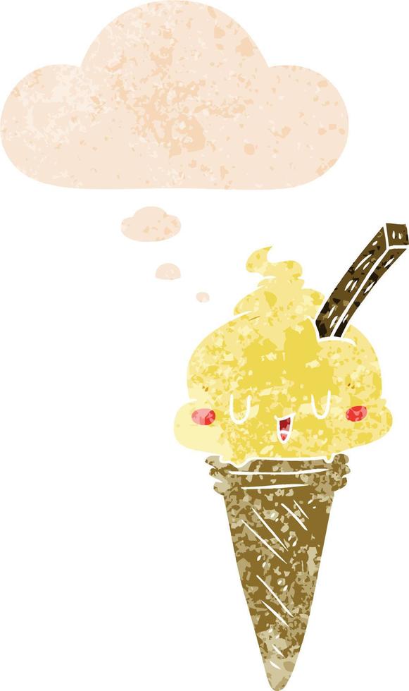 cute cartoon ice cream and thought bubble in retro textured style vector