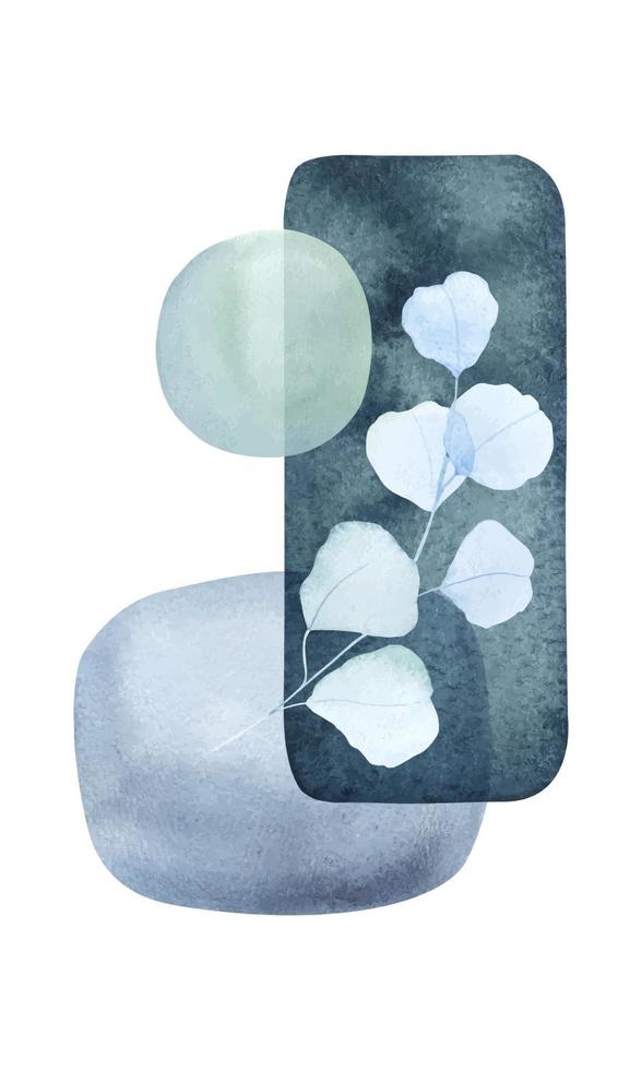 la pintura del cartel de la acuarela da forma a la tinta azul de la acuarela, ilustraciones abstractas con hojas. elementos geométricos minimalistas y rama dibujada a mano. mural. póster. vector