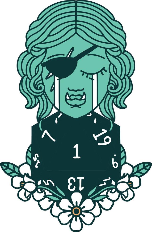 Retro Tattoo Style crying half orc rogue character with natural one D20 roll vector