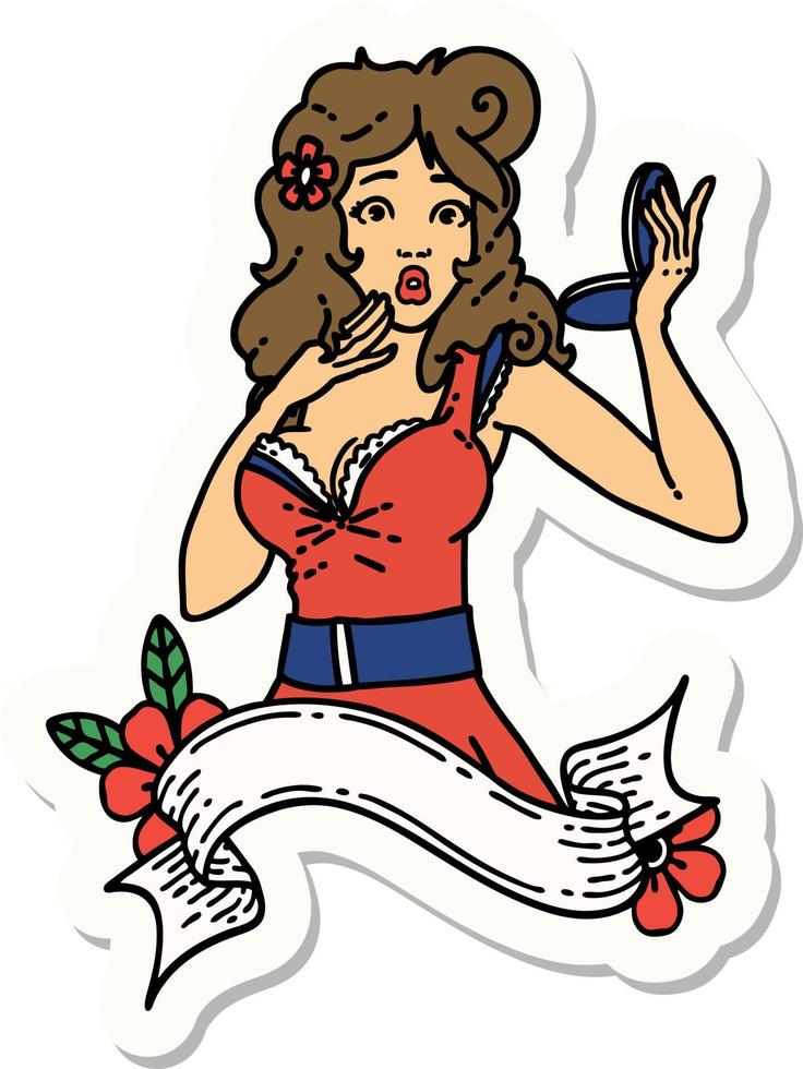 sticker of tattoo in traditional style of a pinup surprised girl with banner vector