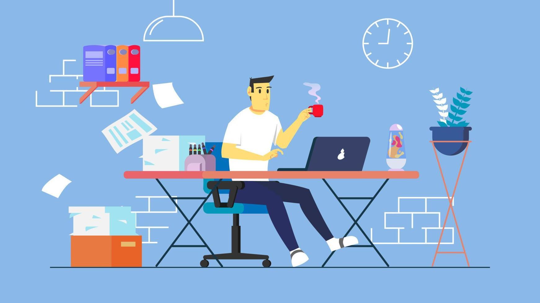 Man working with laptop on the table holding coffee at home. Suitable element for freelancer, businessman, working from home, internet marketer etc vector