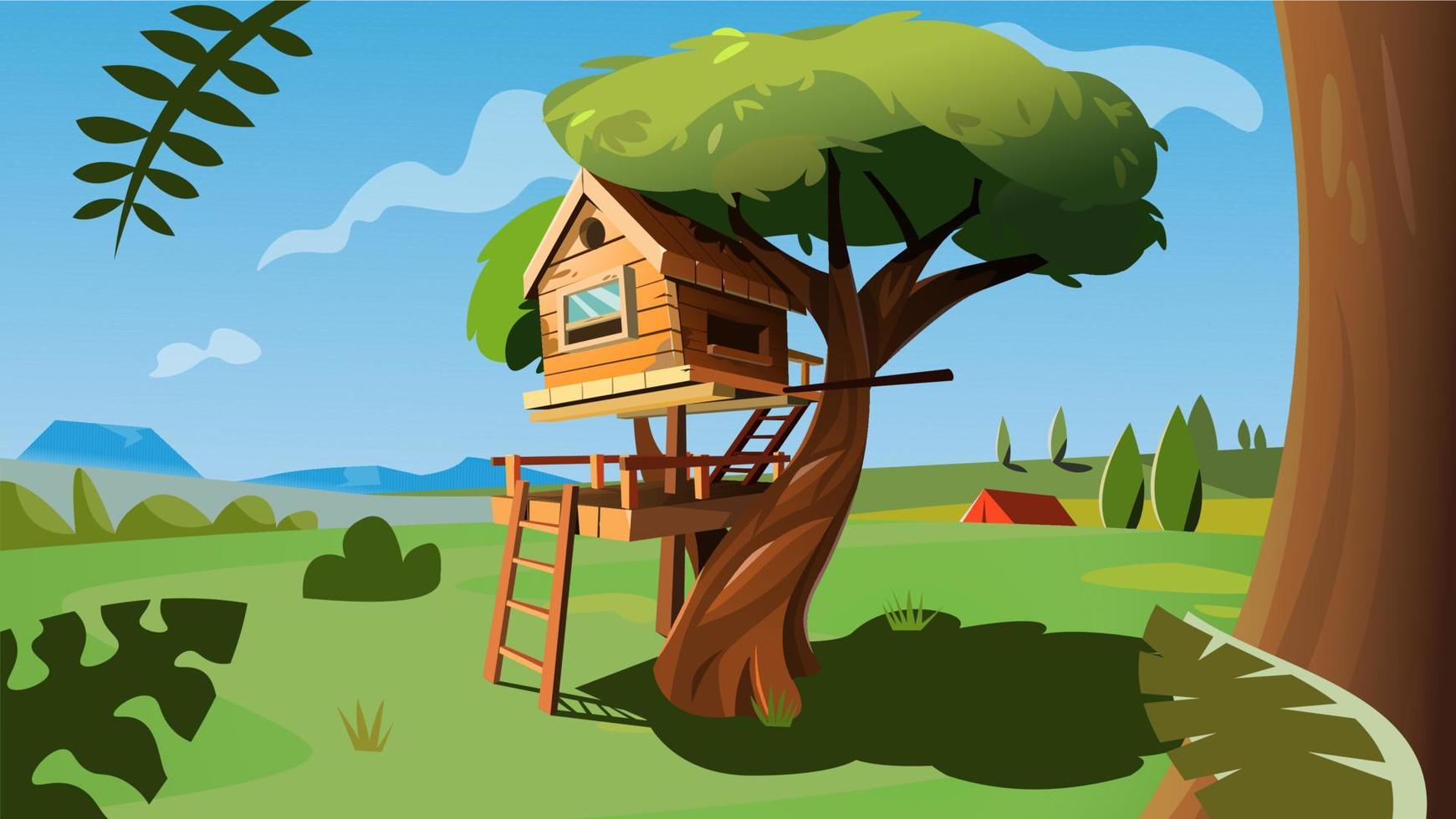 House on tree childish, ladder and swing on backyard playground vector