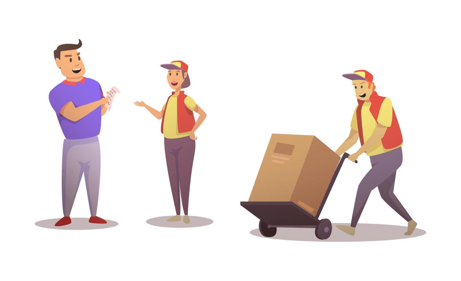 Delivery service with one customer with male and female courier vector illustration concept