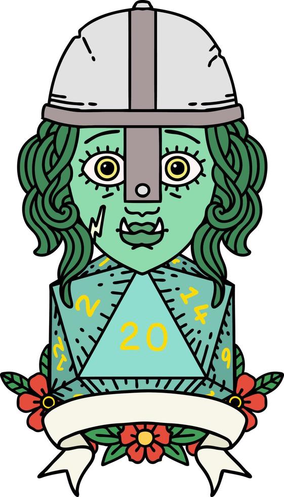 Retro Tattoo Style half orc fighter with natural twenty dice roll vector
