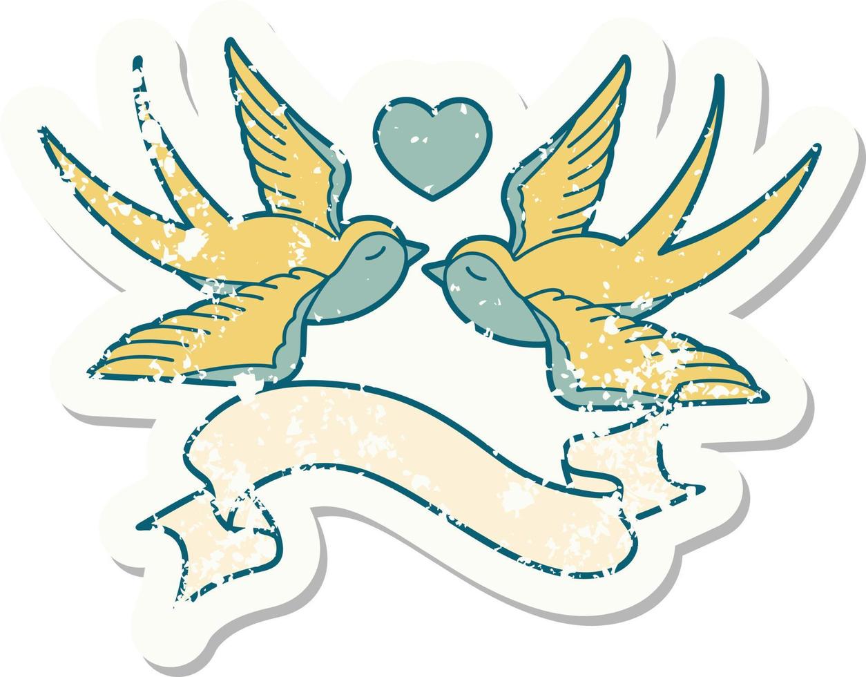 worn old sticker with banner of swallows and a heart vector
