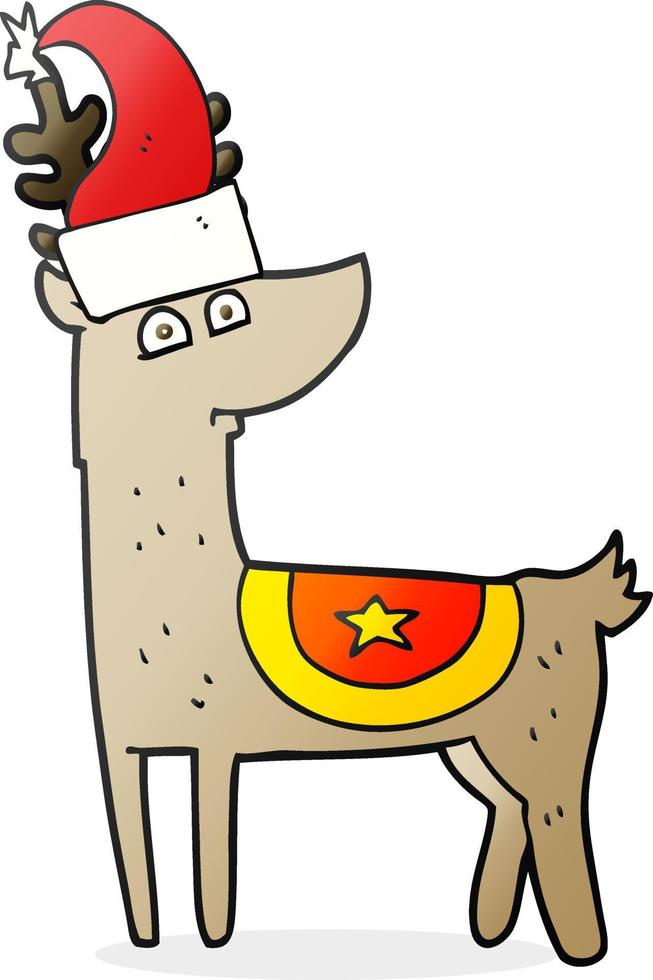Reno de dibujos animados dibujados a mano alzada con sombrero de Navidad vector