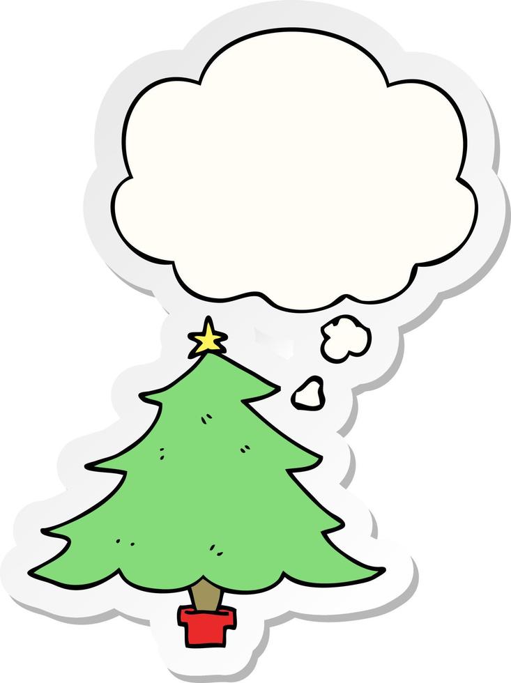 cartoon christmas tree and thought bubble as a printed sticker vector