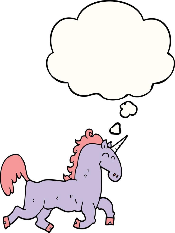 unicornio de dibujos animados y burbuja de pensamiento vector