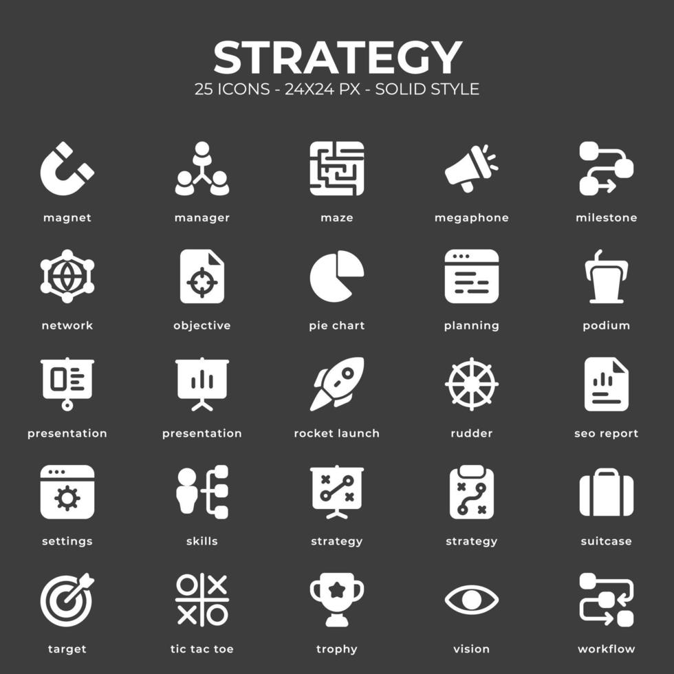 paquete de iconos de estrategia con color negro vector