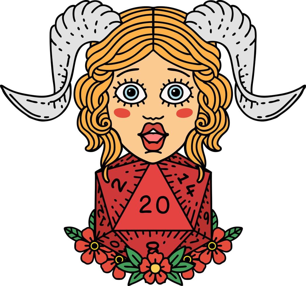 estilo de tatuaje retro tiefling con d20 natural tirada de veinte dados vector