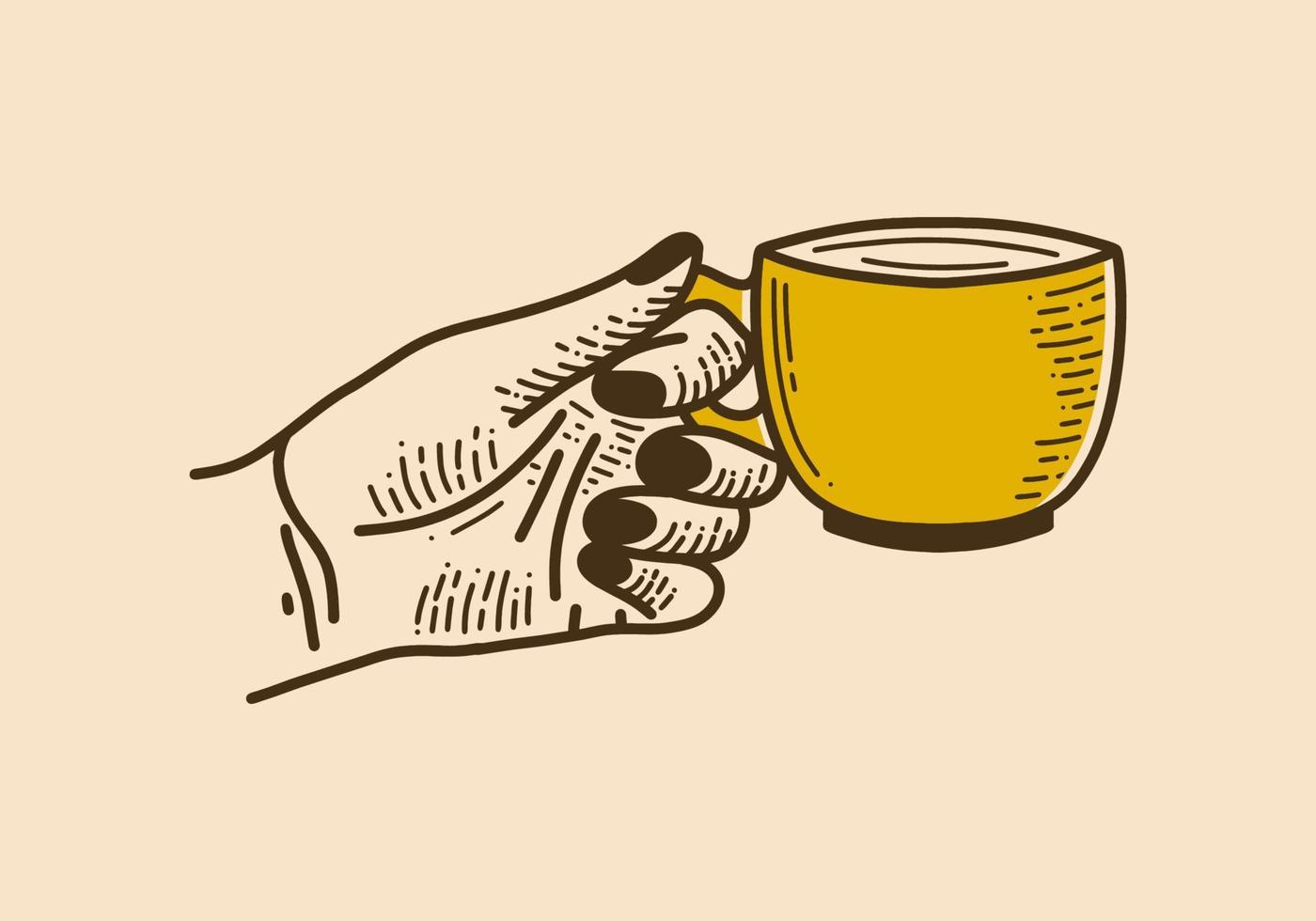 Hands holding coffee cup retro vintage line art vector