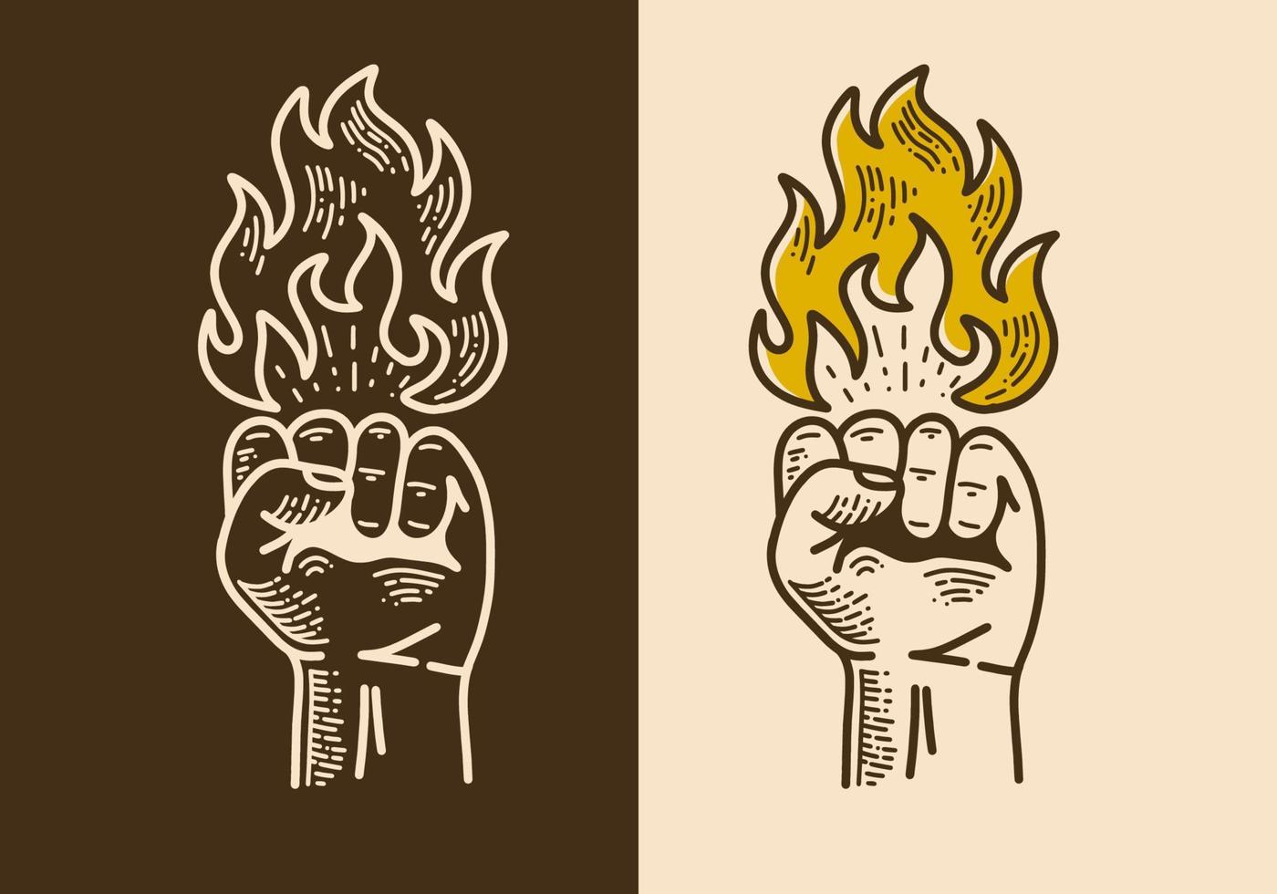 Fist with fire flame retro vintage line art vector