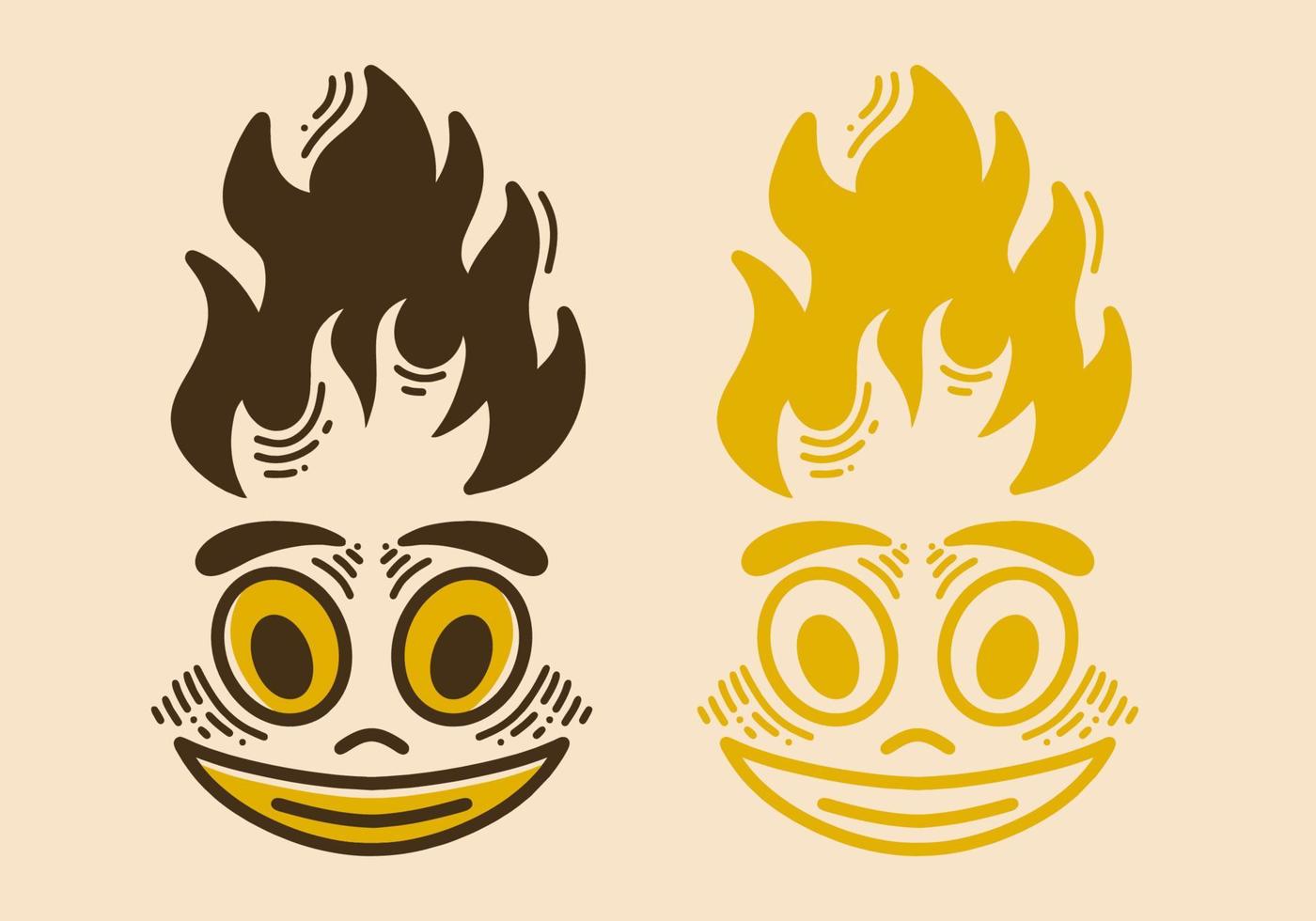 Smiling face with fire flame on it retro vintage line art vector