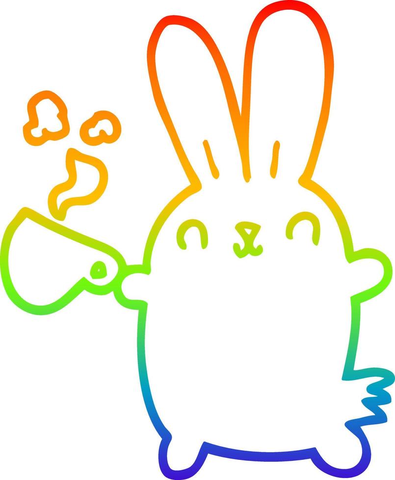 rainbow gradient line drawing cute cartoon rabbit with coffee cup vector