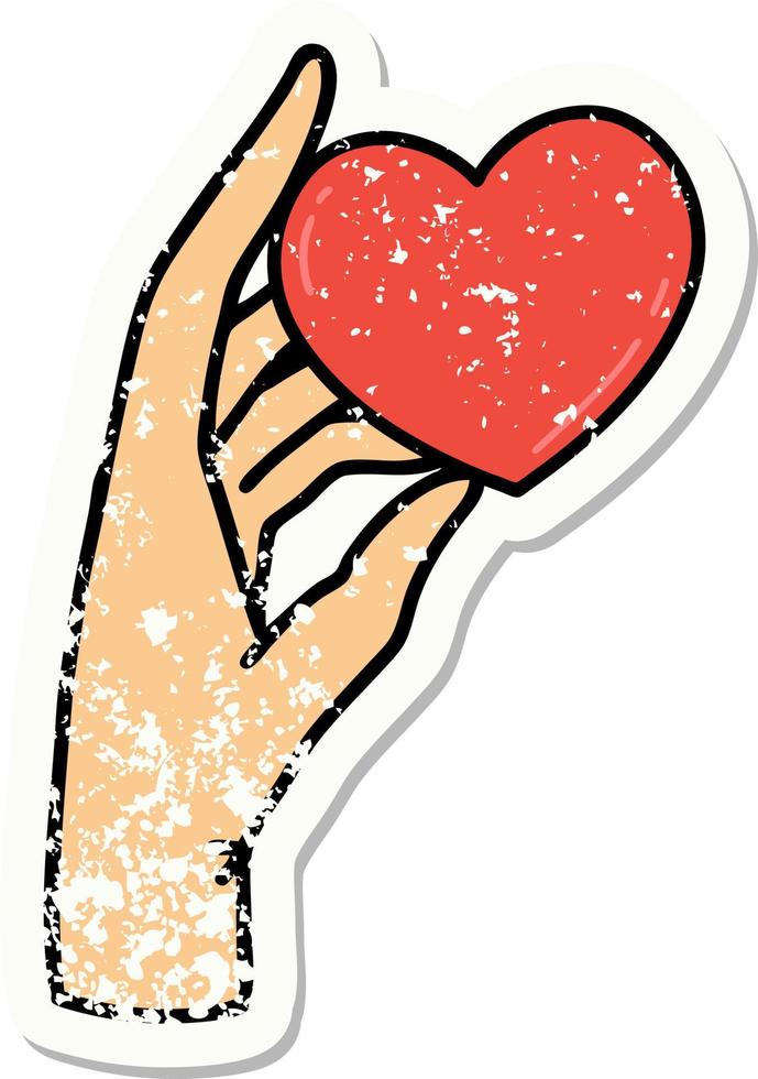 distressed sticker tattoo in traditional style of a hand holding a heart vector