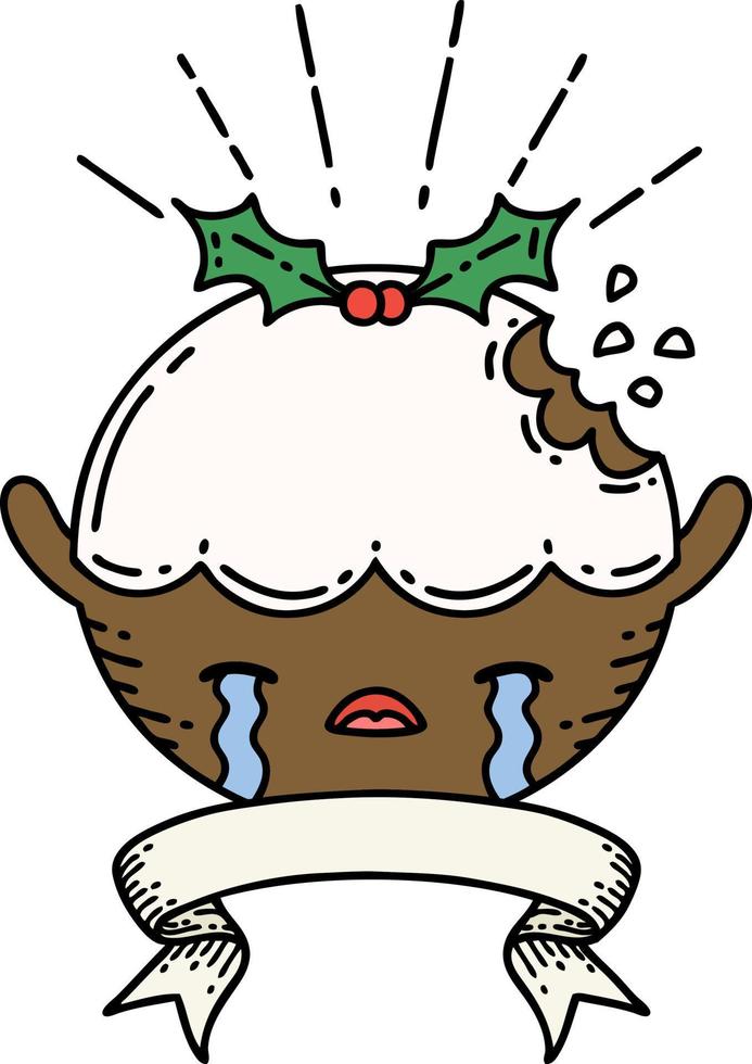 scroll banner with tattoo style christmas pudding character crying vector