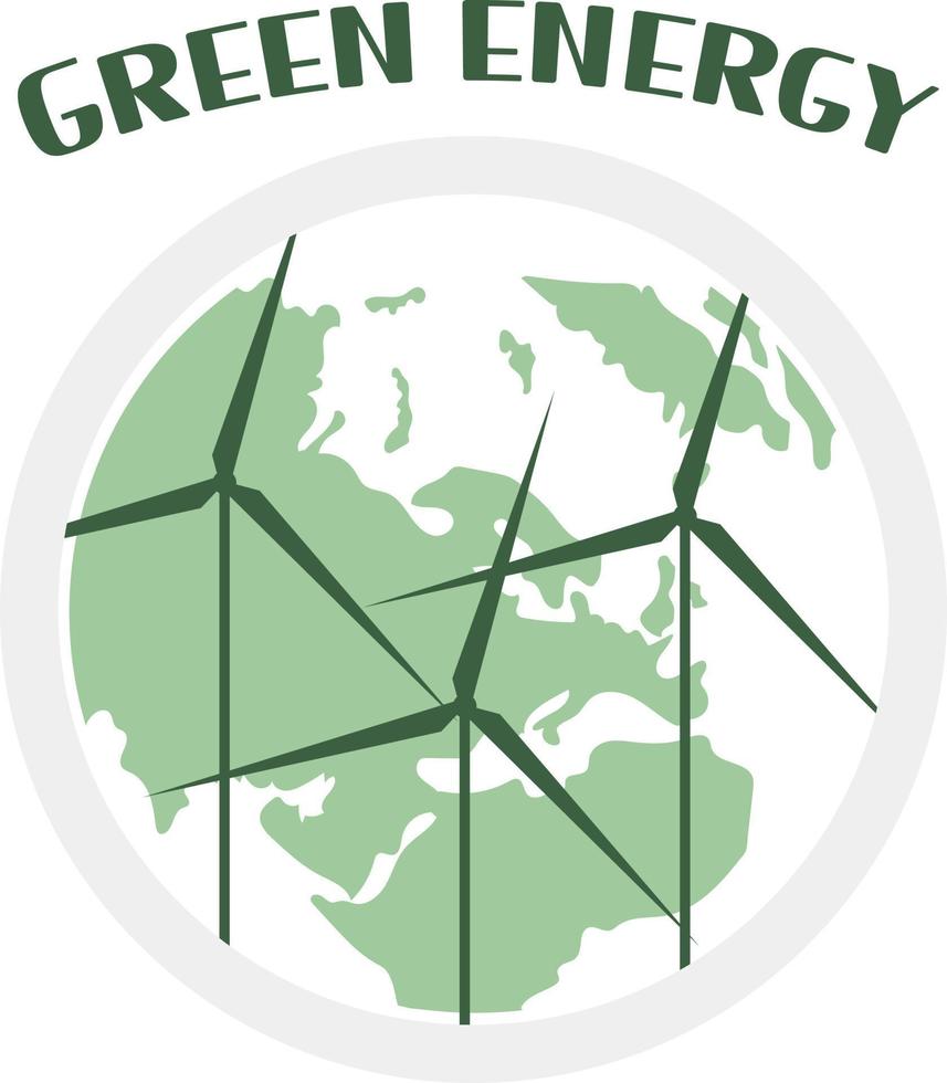 Green energy vector logo with globe and windmills. Isolated on white background