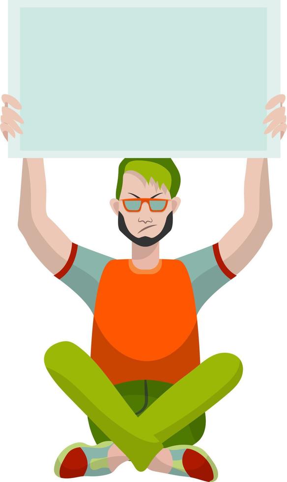 Young protesting man sitting legs crossed and holding a blank poster over his head. Isolated on white background vector