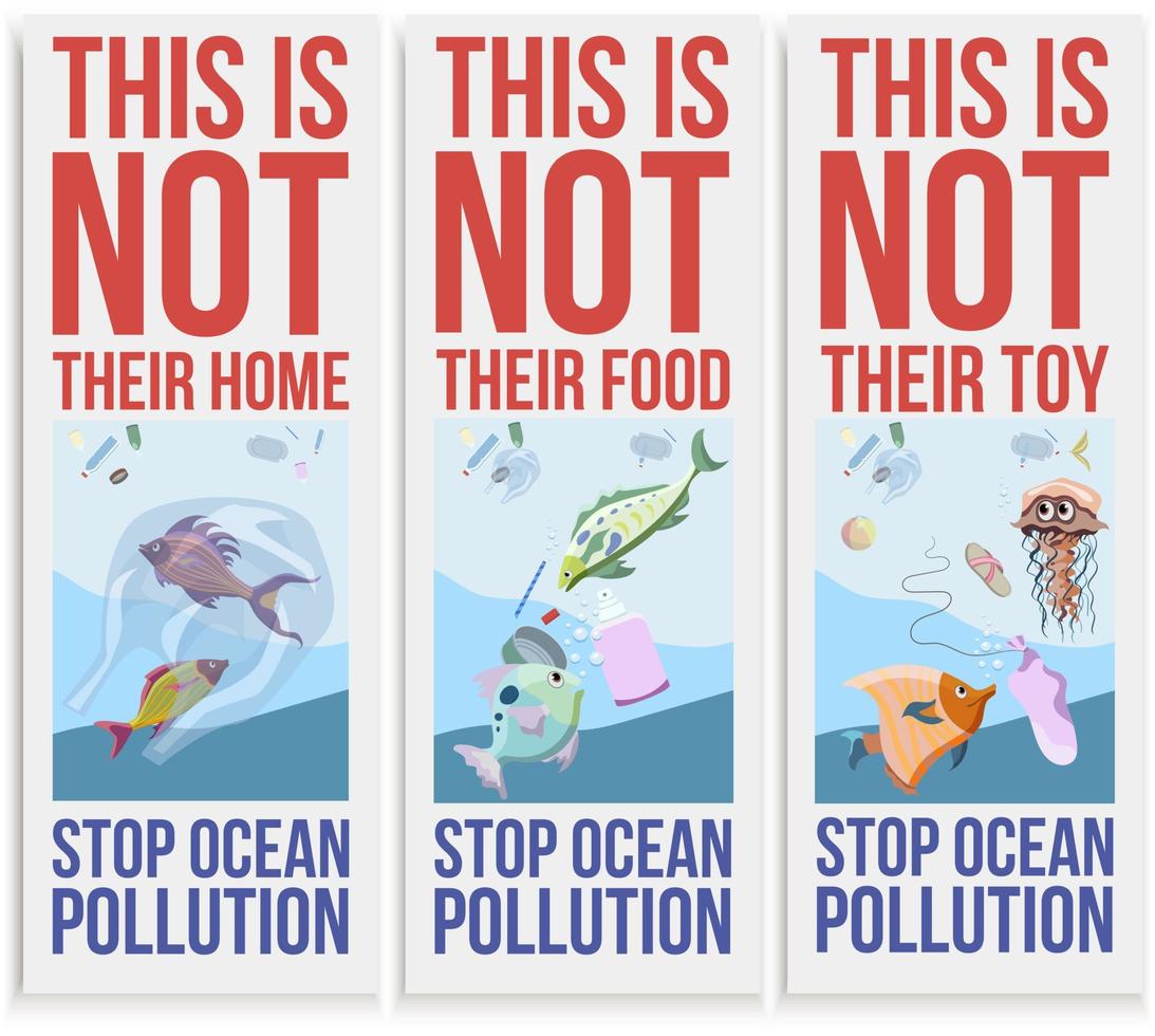 Set of banners with ocean pollution thematics. Three design templates for stickers, leaflets etc vector