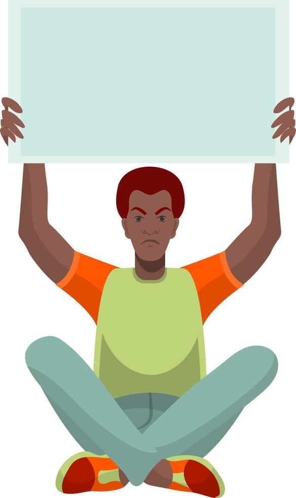 Flat style young black man protests sitting with blank poster over his head on white background. vector