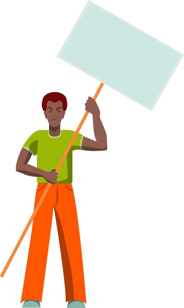 Young african man protesting, holding a blank banner on a stick. Isolated on white background vector