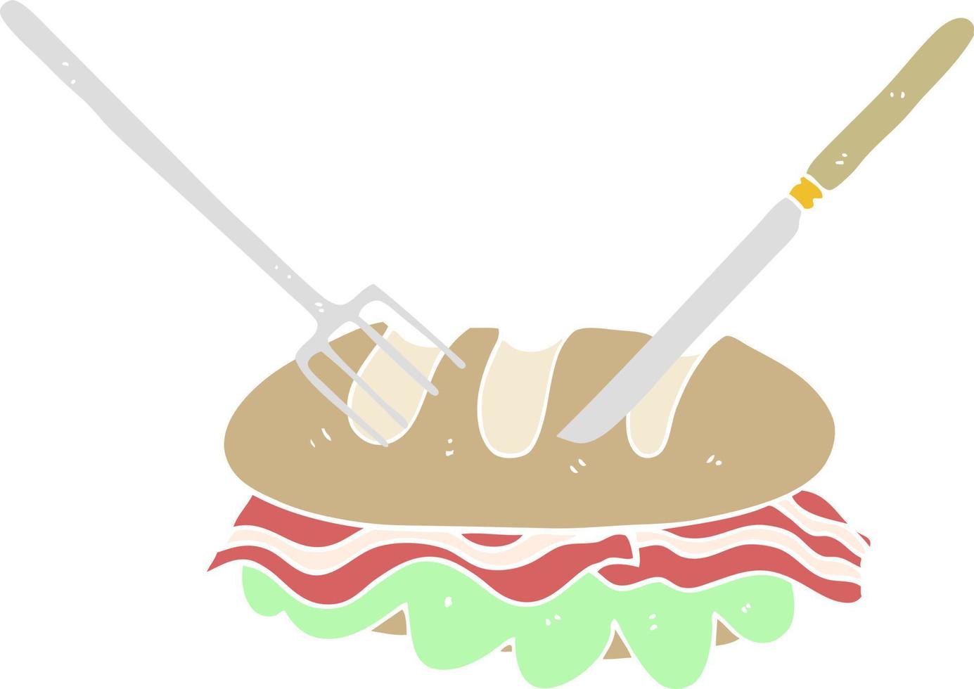 flat color illustration of knife and fork cutting huge sandwich vector