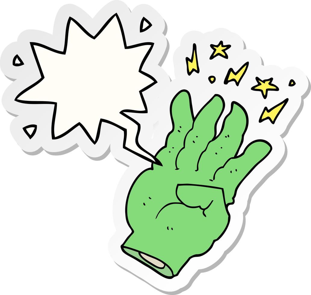 cartoon spooky magic hand and speech bubble sticker vector