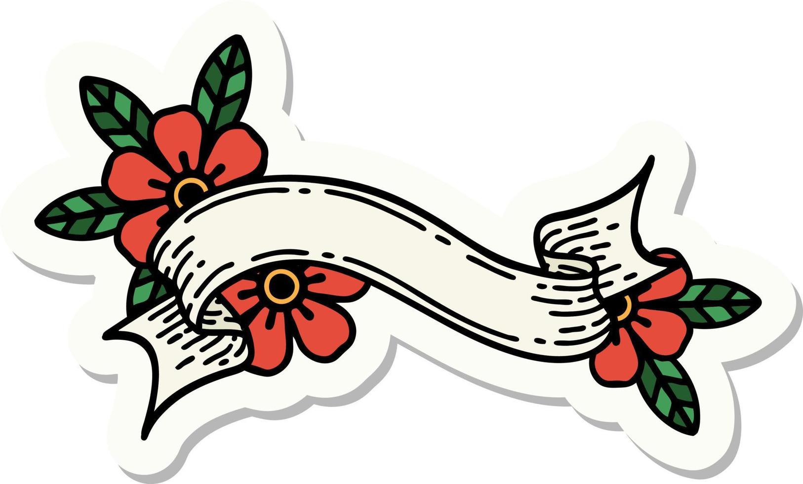 sticker of tattoo in traditional style of a banner and flowers vector
