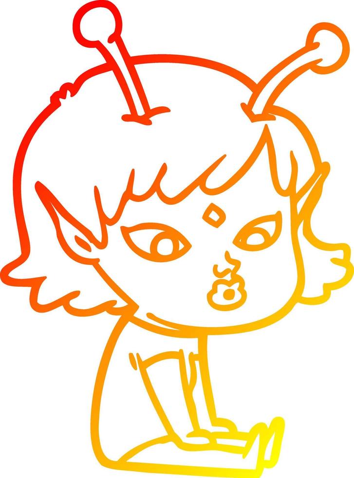 warm gradient line drawing pretty cartoon alien girl vector
