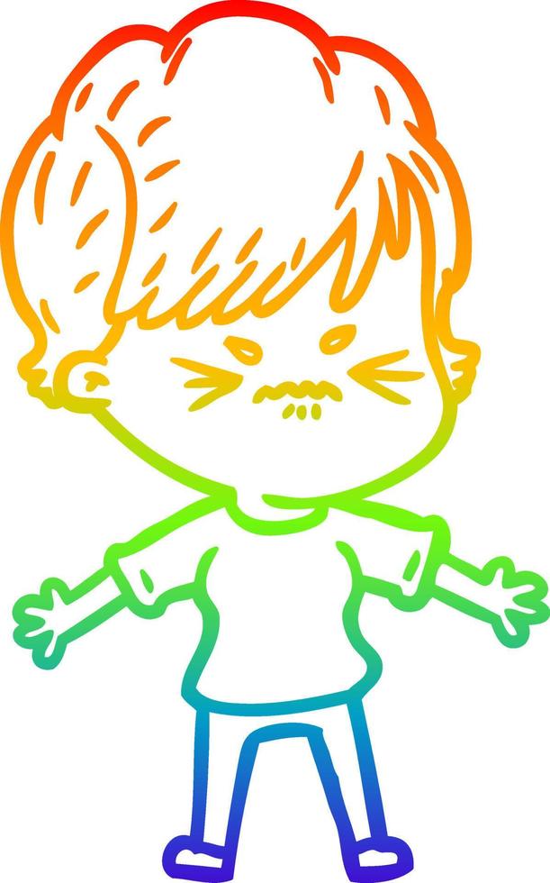 rainbow gradient line drawing cartoon frustrated woman vector