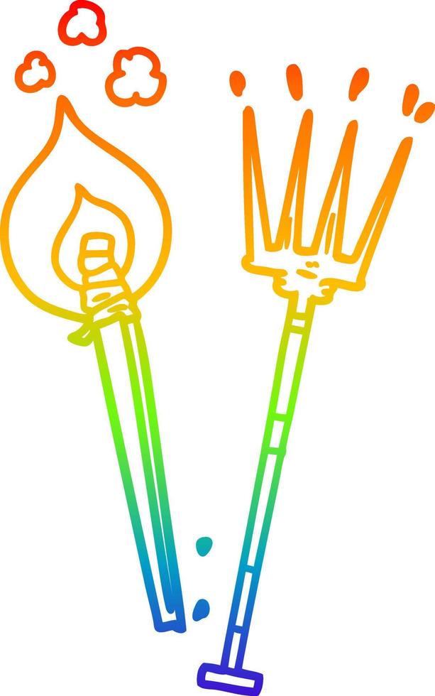 rainbow gradient line drawing cartoon pitchfork and burning brand vector