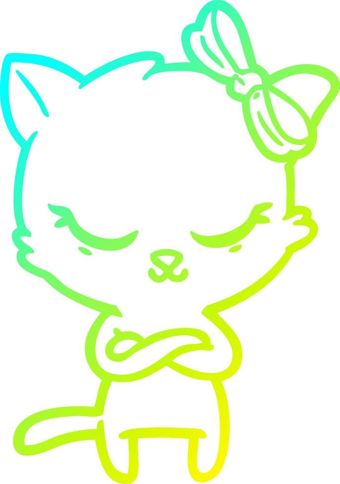 cold gradient line drawing cute cartoon cat with bow vector