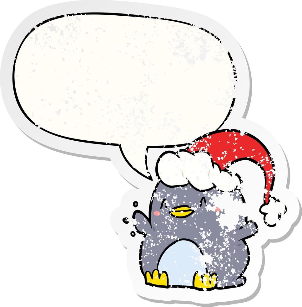 cartoon penguin wearing christmas hat and speech bubble distressed sticker vector