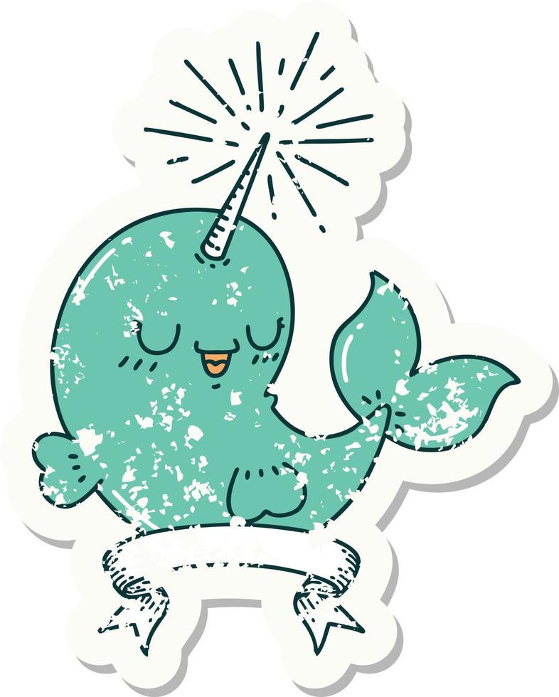 worn old sticker of a tattoo style happy narwhal vector