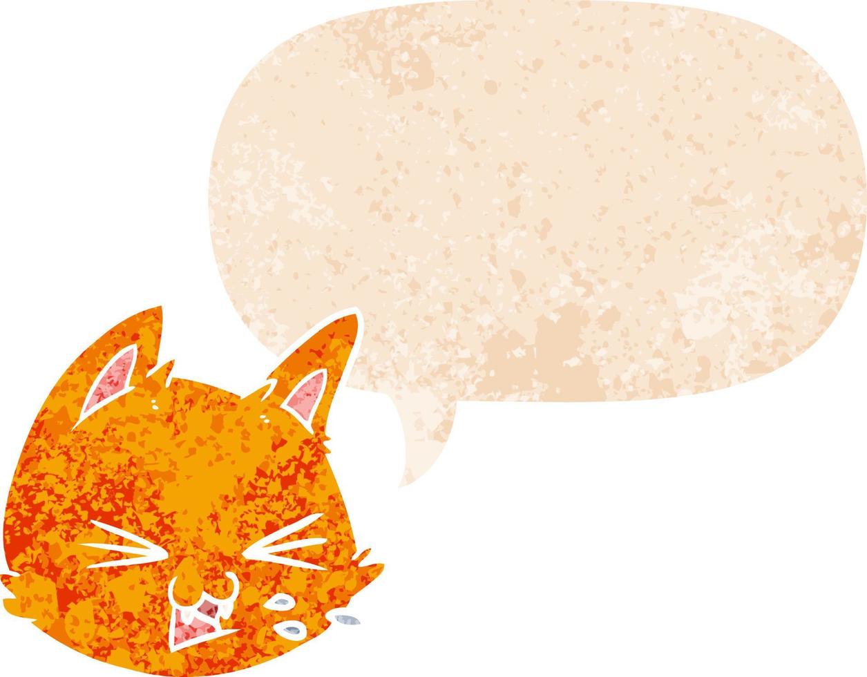 spitting cartoon cat face and speech bubble in retro textured style vector