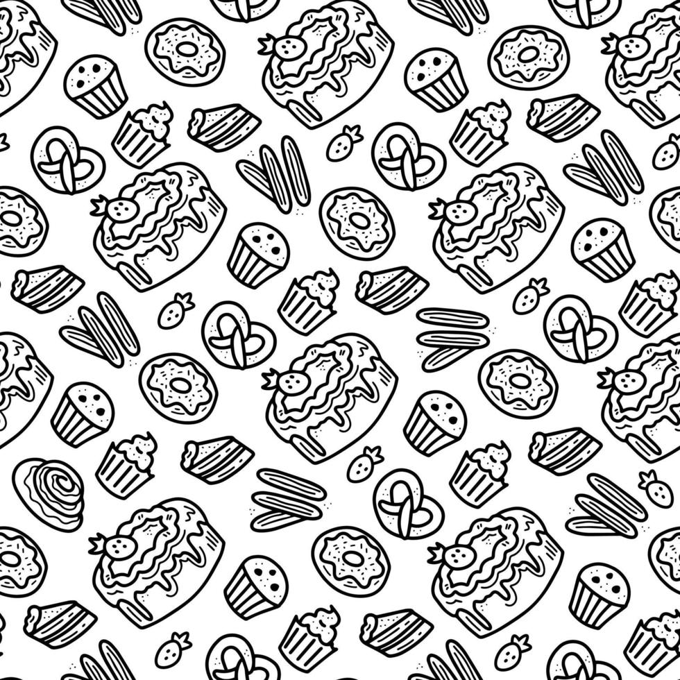 Doodle pastry products seamless background vector