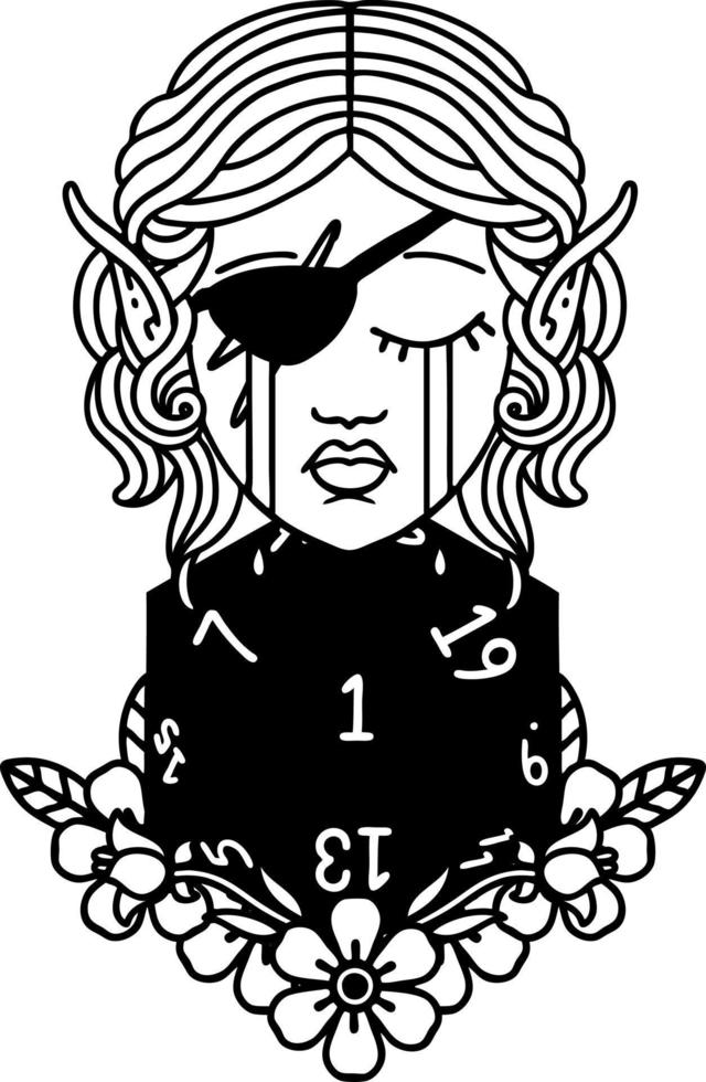Black and White Tattoo linework Style crying elf rogue character face with natural one D20 roll vector