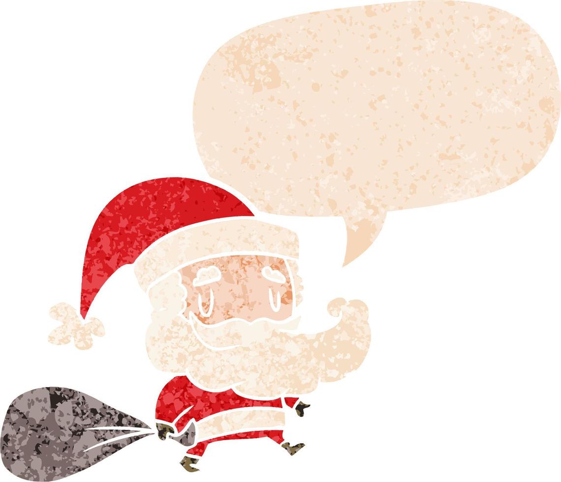 dibujos animados de santa claus con saco y burbuja de habla en estilo retro texturizado vector