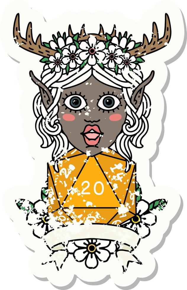 Retro Tattoo Style elf druid character with natural 20 dice roll vector