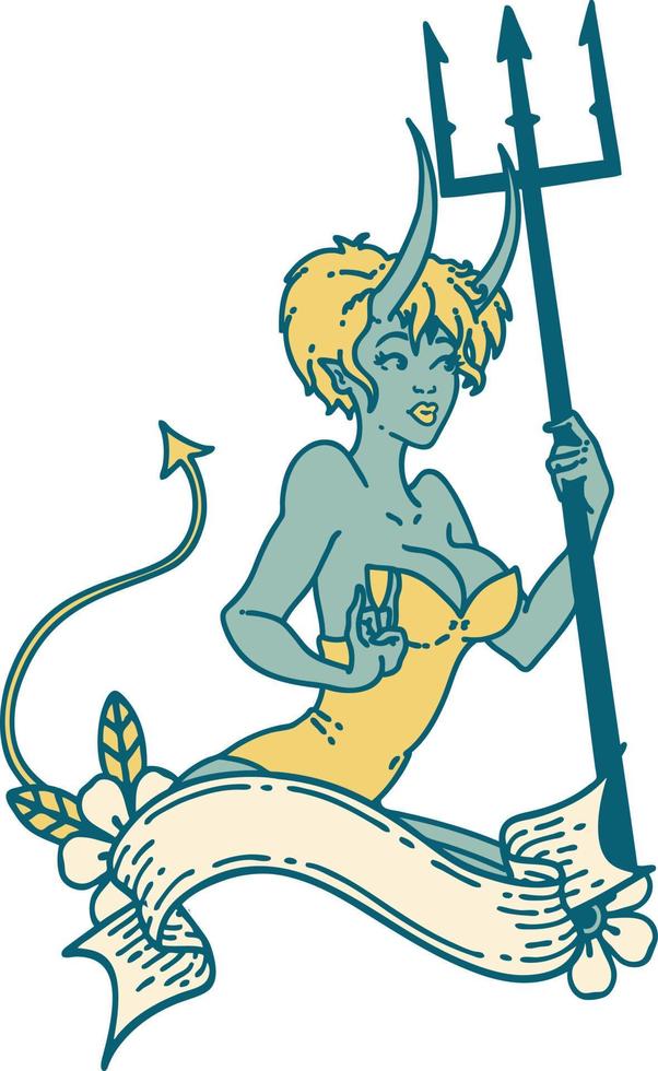 iconic tattoo style image of a pinup devil girl with banner vector
