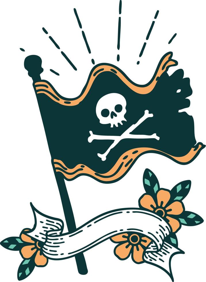 scroll banner with tattoo style waving pirate flag vector