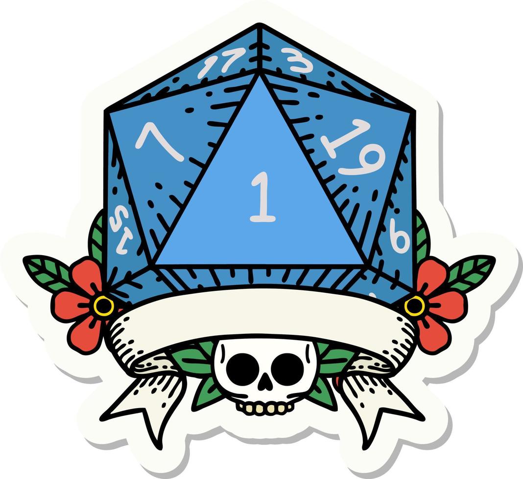 sticker of a natural one d20 dice roll vector