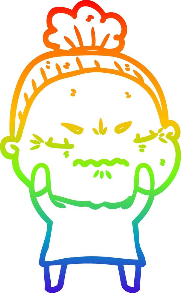 rainbow gradient line drawing cartoon annoyed old lady vector