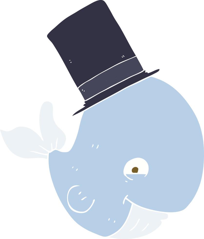flat color illustration of whale in top hat vector