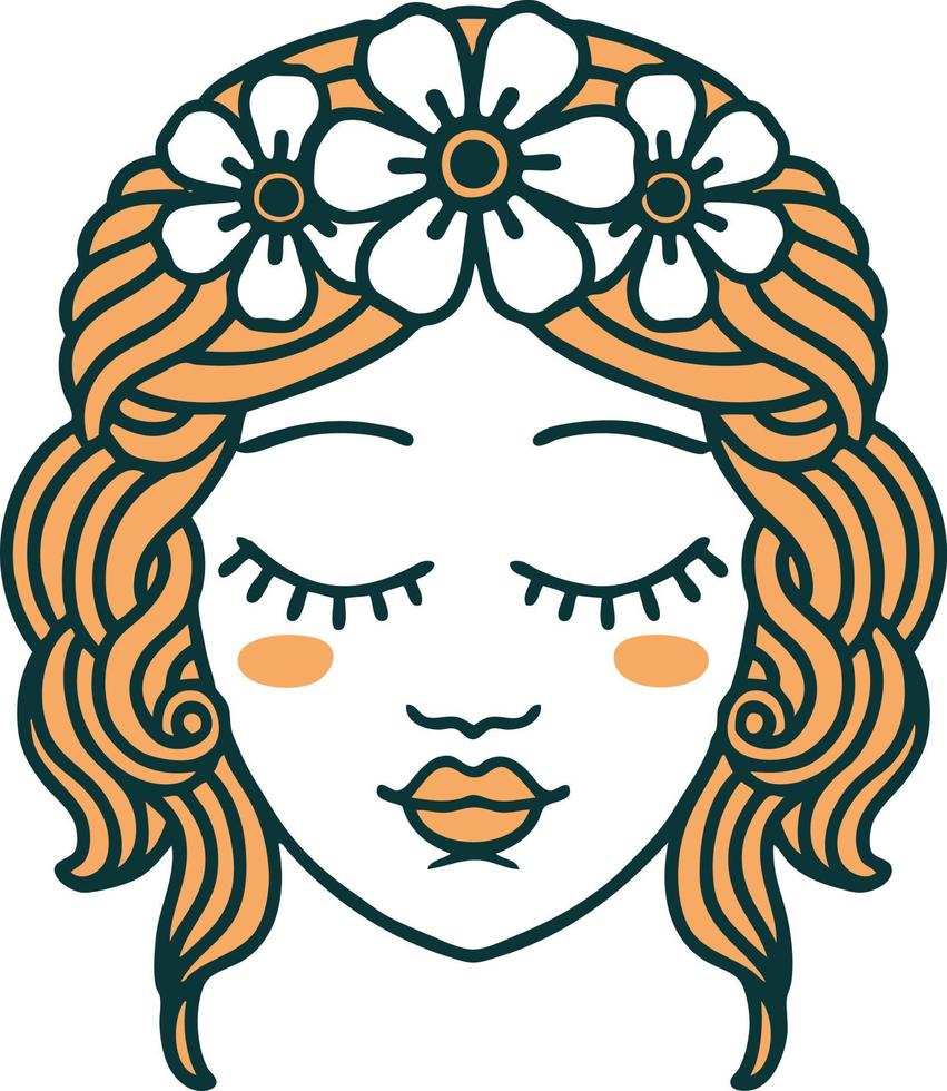 imagen icónica de estilo tatuaje de rostro femenino con los ojos cerrados vector