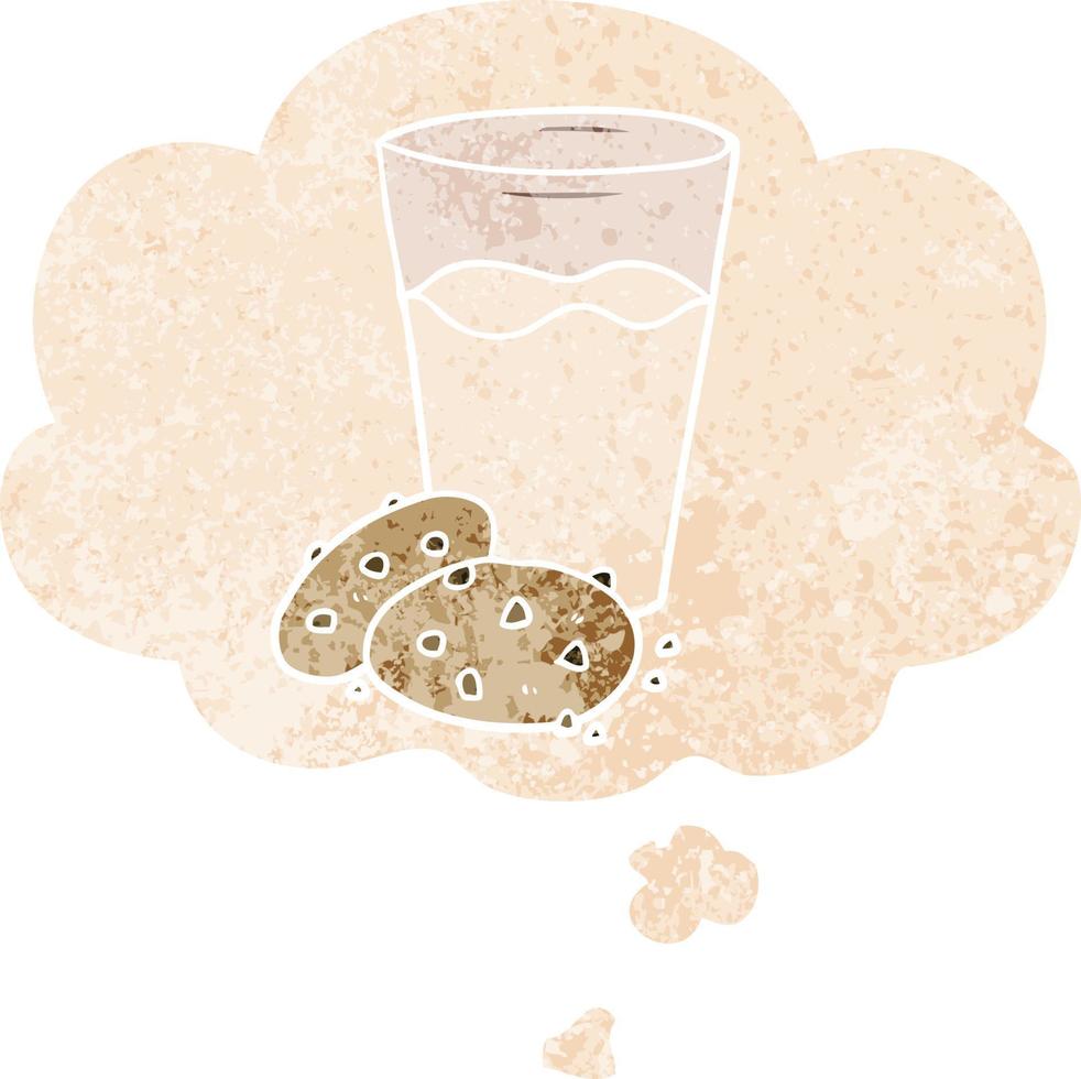 cartoon cookies and milk and thought bubble in retro textured style vector
