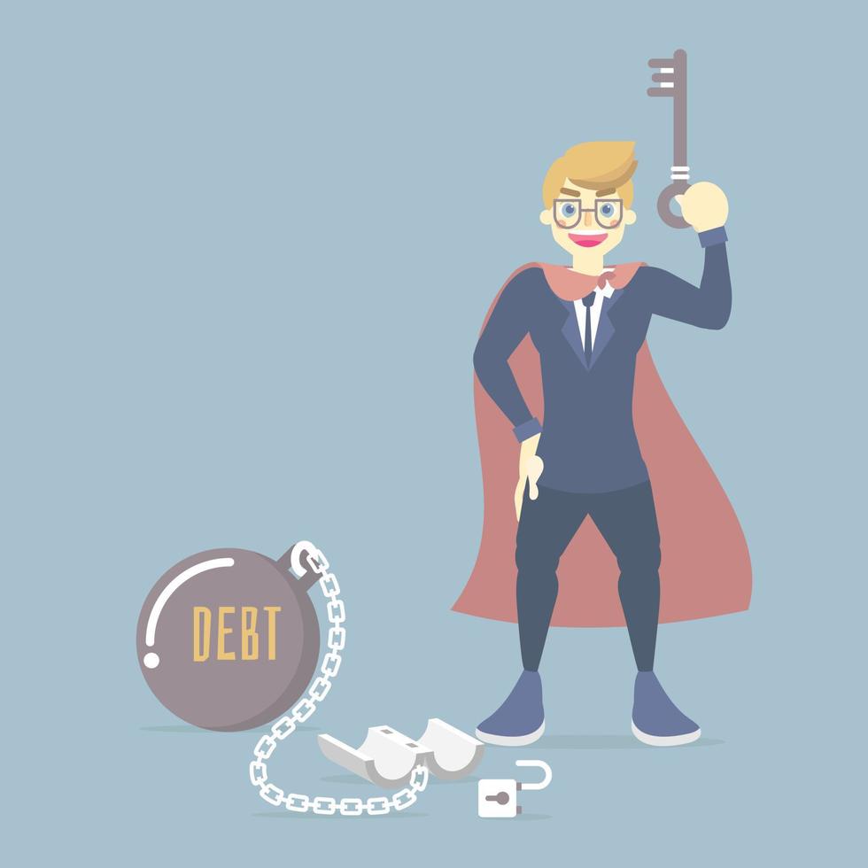 happy businessman wearing superhero costume, holding key, use it to unlock key pad chain from steel metal ball, financial, debt concept, flat vector illustration cartoon character design clip art