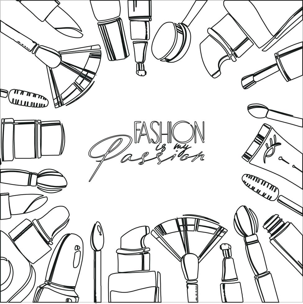 Square background with cosmetics frame. Various make-up products Decoration for make-up artists. Illustration in a linear style. vector