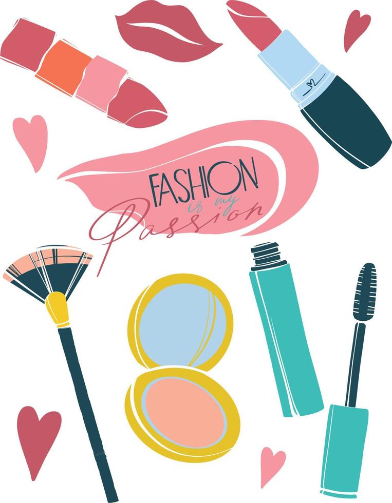 cartel con un conjunto de cosméticos en un estilo plano. barras de labios de colores, rímel, polvos faciales y accesorios. linda postal con artículos de maquillaje. vector