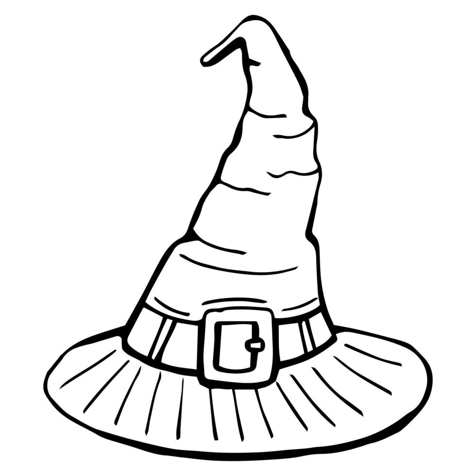Witch hat. Halloween vector wizard icon. Witch cap. Black line magic sketch illustration. Haloween cartoon. Magician logo isolated.